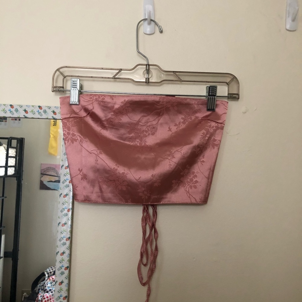 Pink Floral Satin Lace Back Tube Top/Bandeau Top